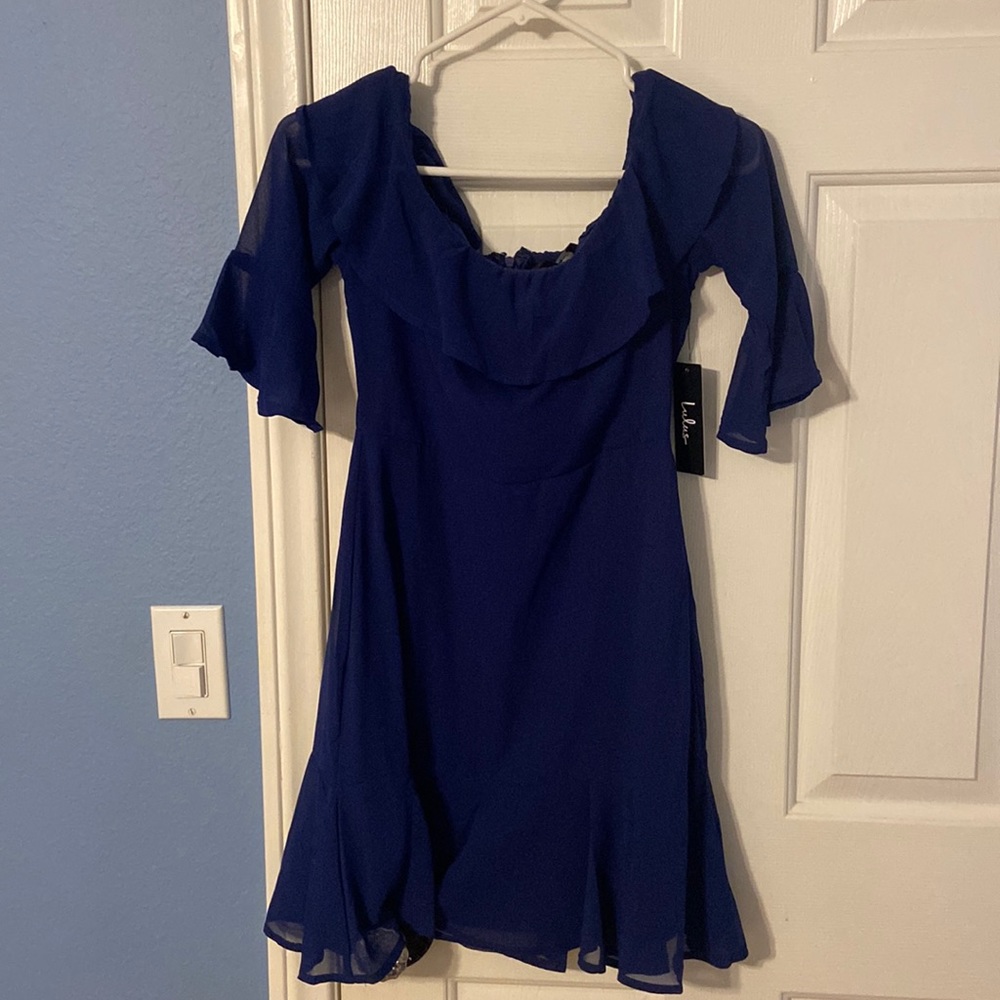 Off the shoulder blue mini dress